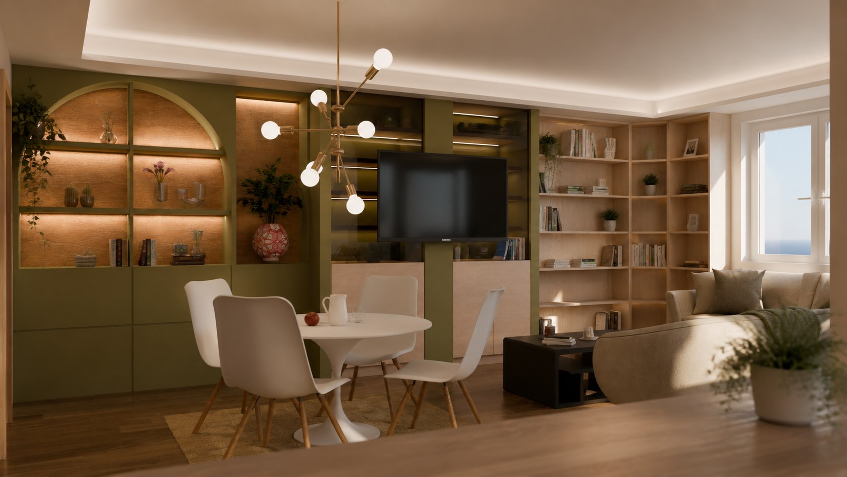 Rendering della zona giorno con parete attrezzata verde e zona pranzo