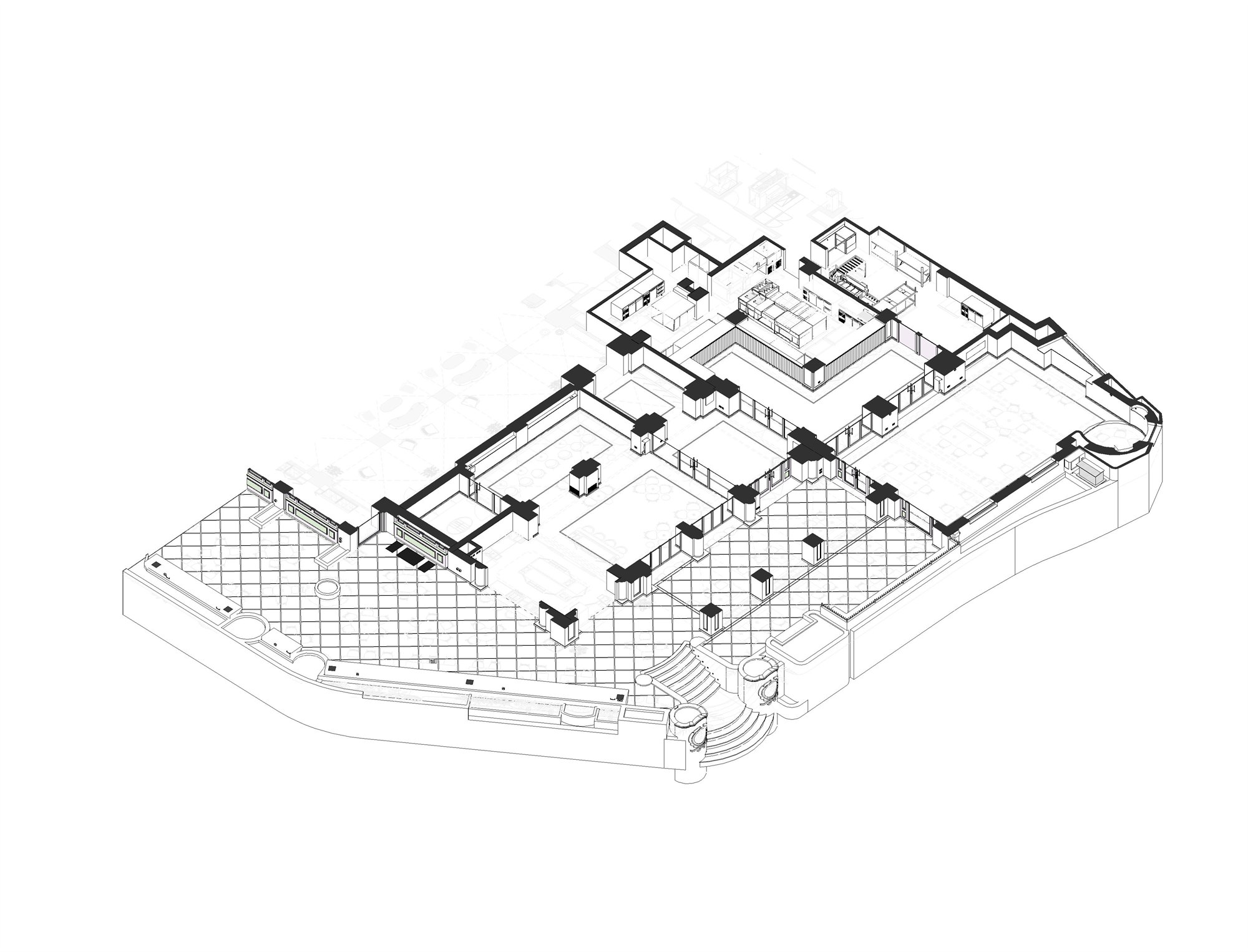 Assonometria del modello BIM: pianta d'insieme del piano terra con arredi, terrazza a scacchiera e scaloni curvi