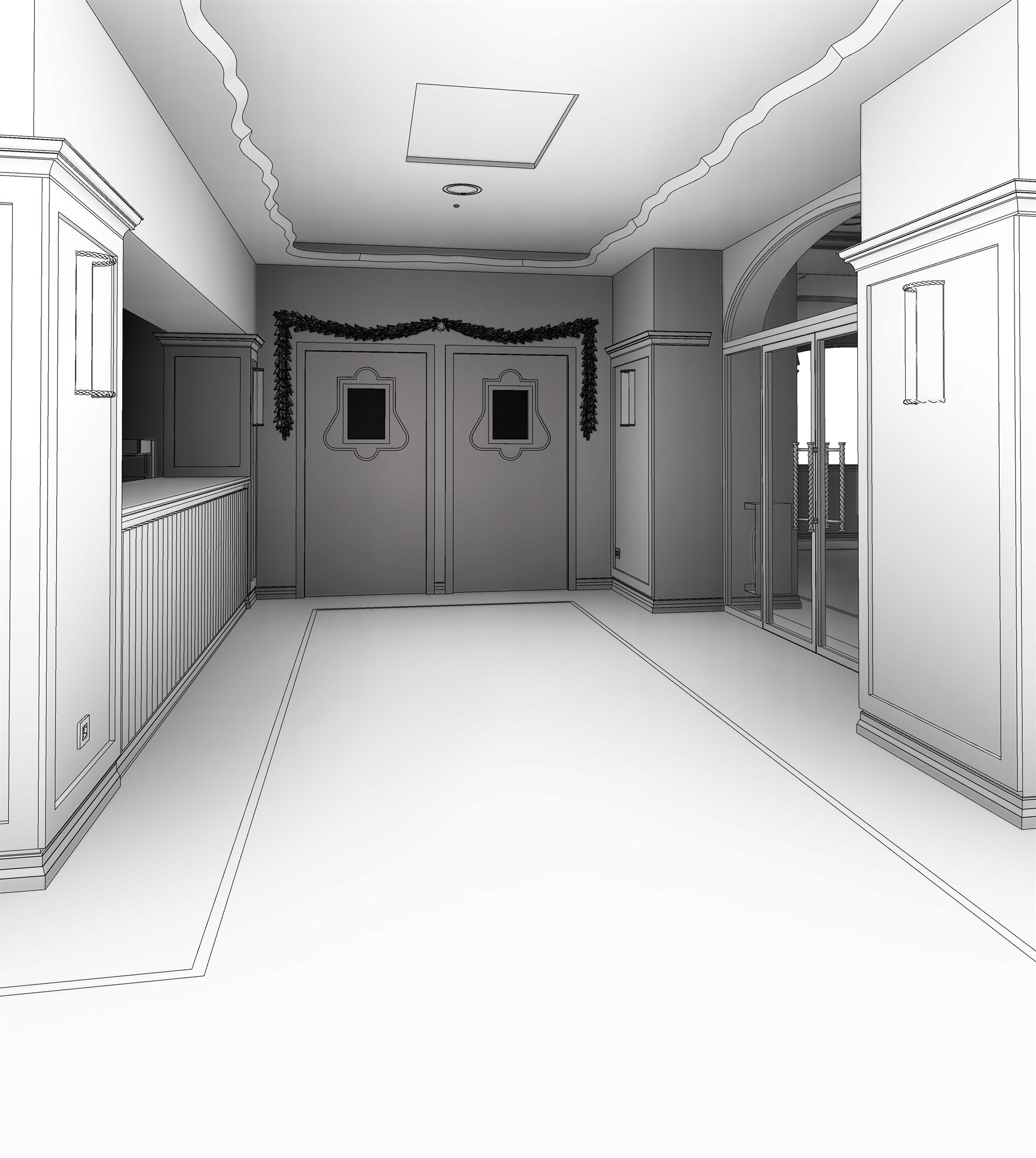 Modello BIM del disimpegno d'ingresso: doppia porta con festoni e disegno a cartiglio, vetrata ad arco sulla destra