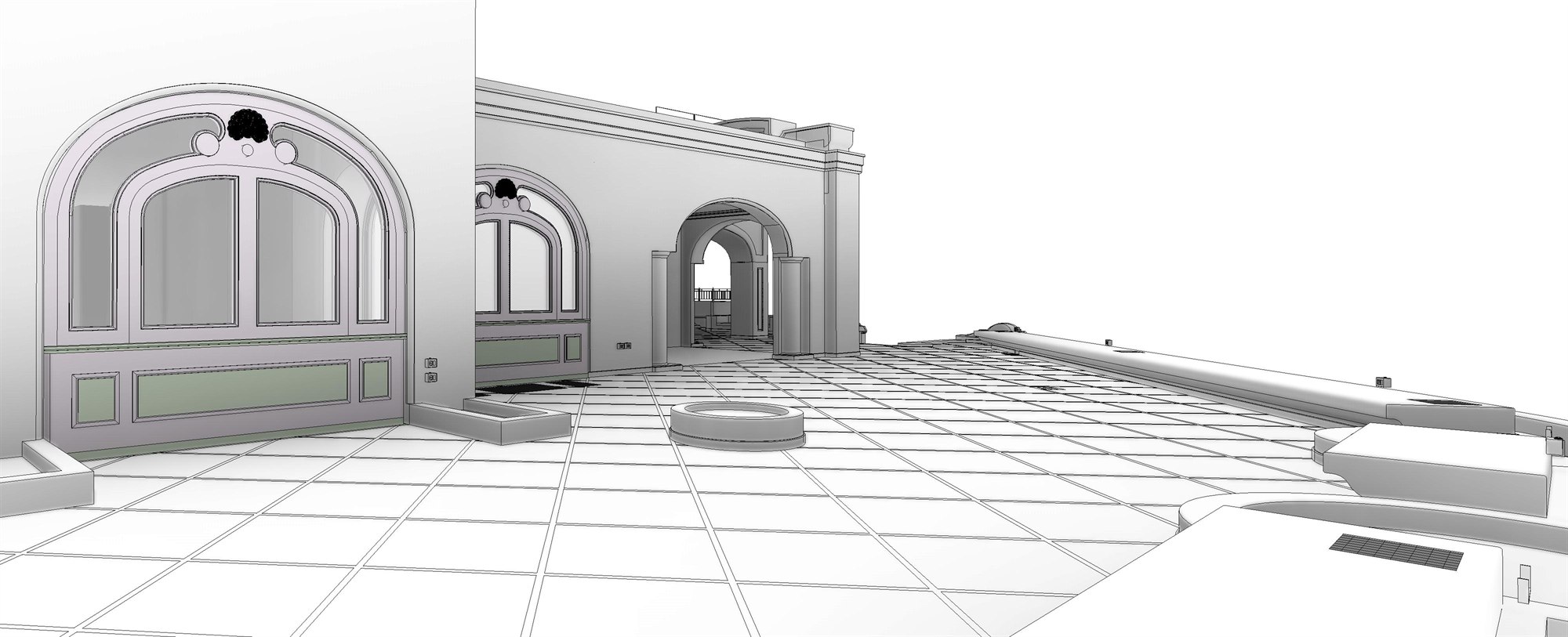 Modello BIM del nuovo spazio esterno: terrazza con serramenti ad arco, loggia e fontana circolare