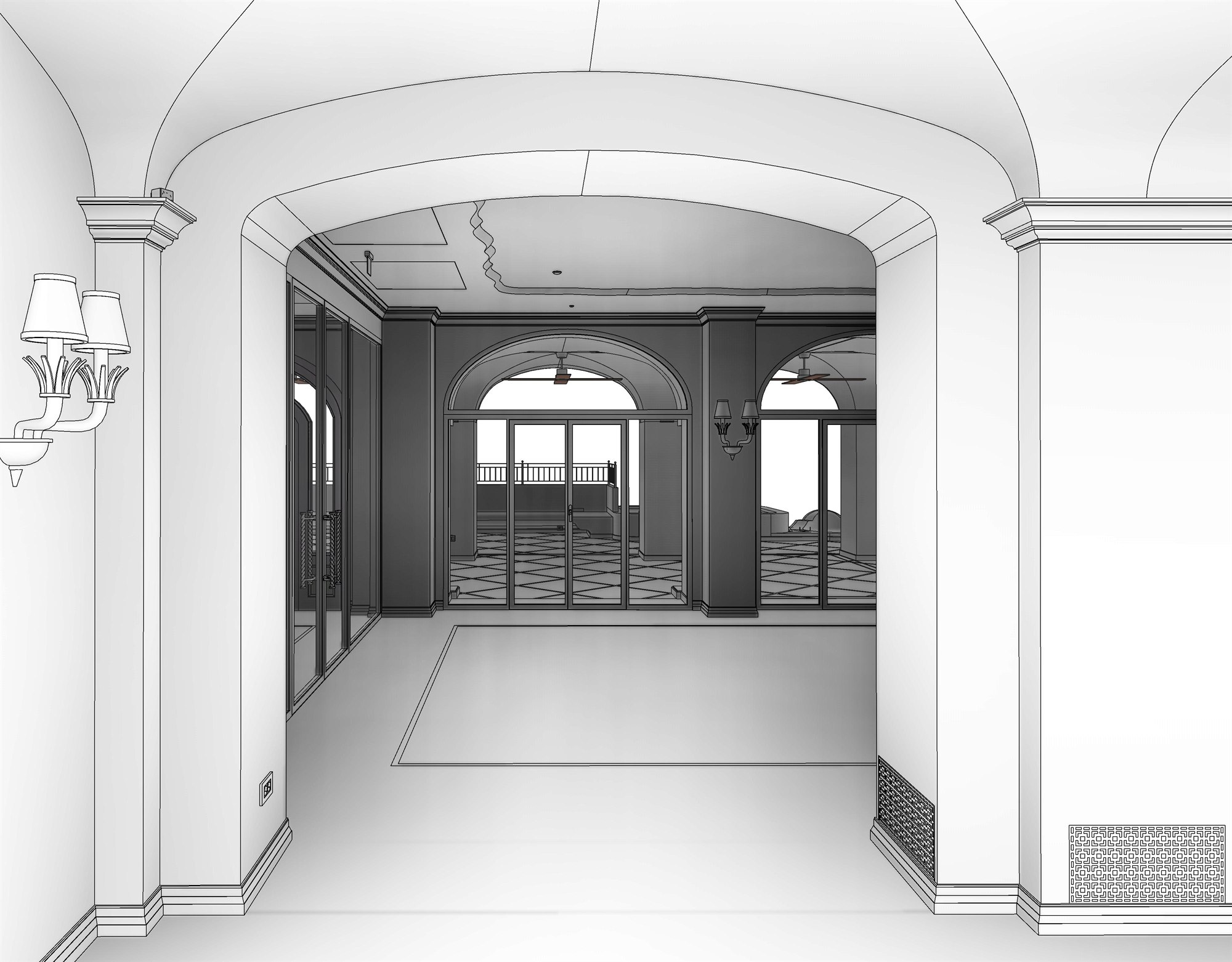 Modello BIM della sala a volta a botte affacciata sulla terrazza con serramenti ad arco