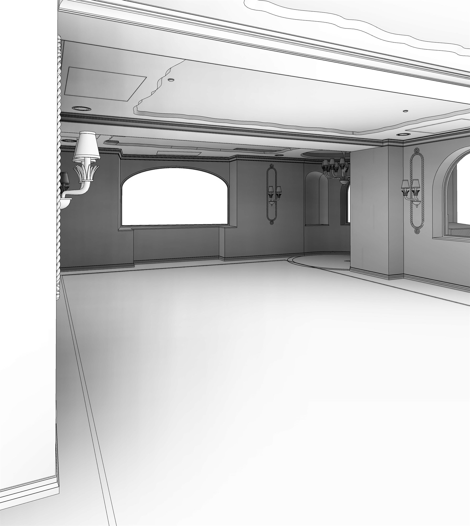 Modello BIM del salone: pareti con applique, finestra ad arco, nicchia e pavimento in seminato