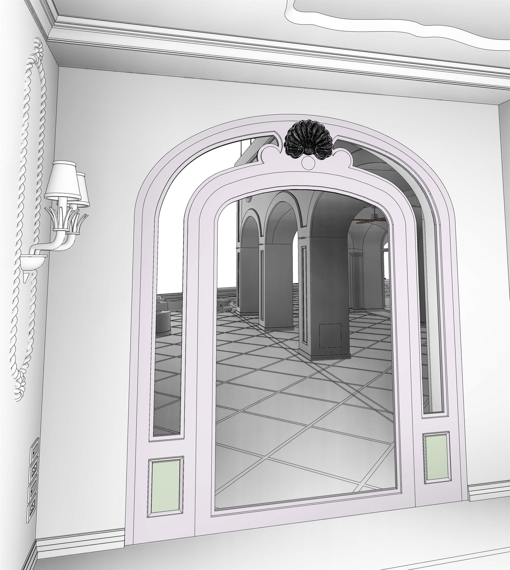 Modello BIM del portale vetrato ad arco con timpano a conchiglia affacciato sulla loggia