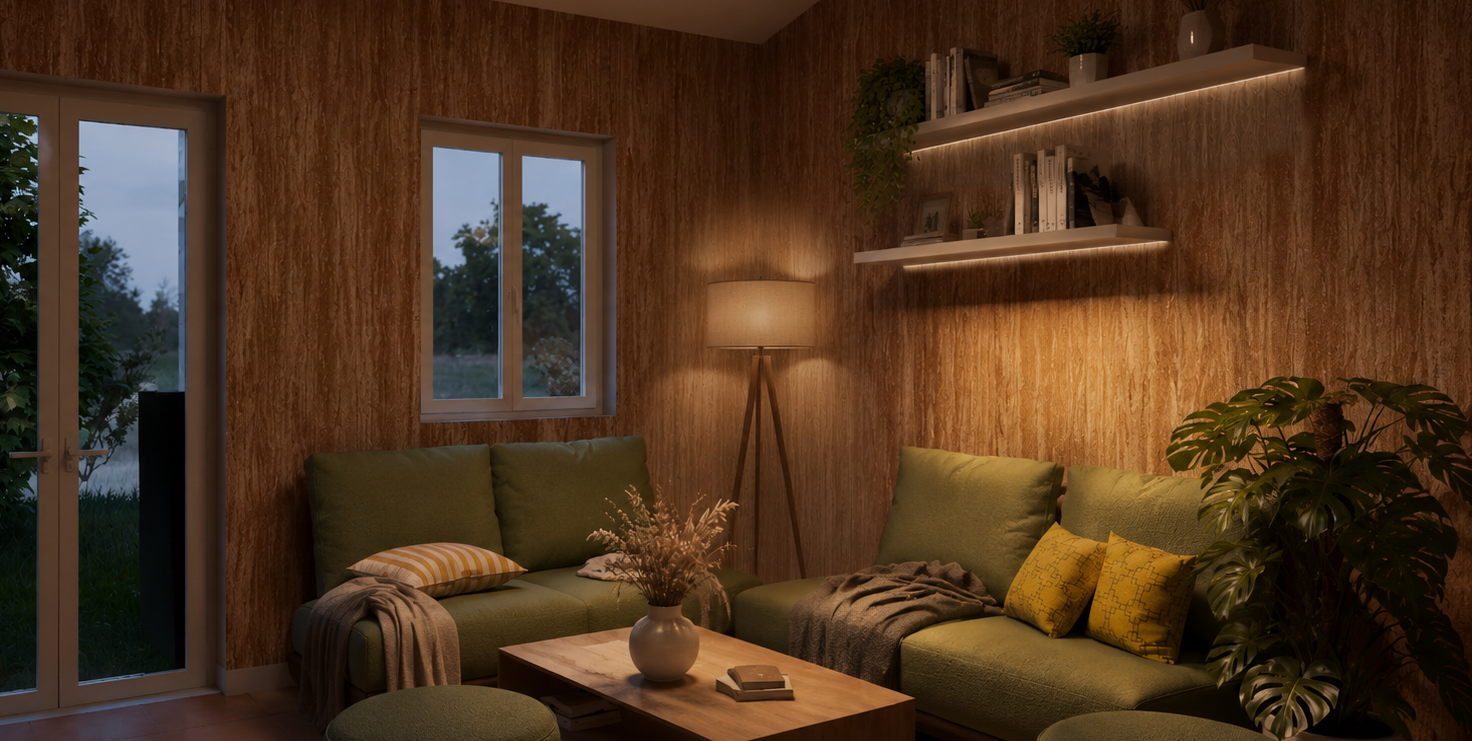 Rendering del soggiorno di progetto